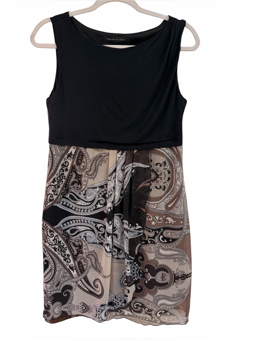 Made in Italy Sleeveless Black & Neutral Paisley A-Line Dress